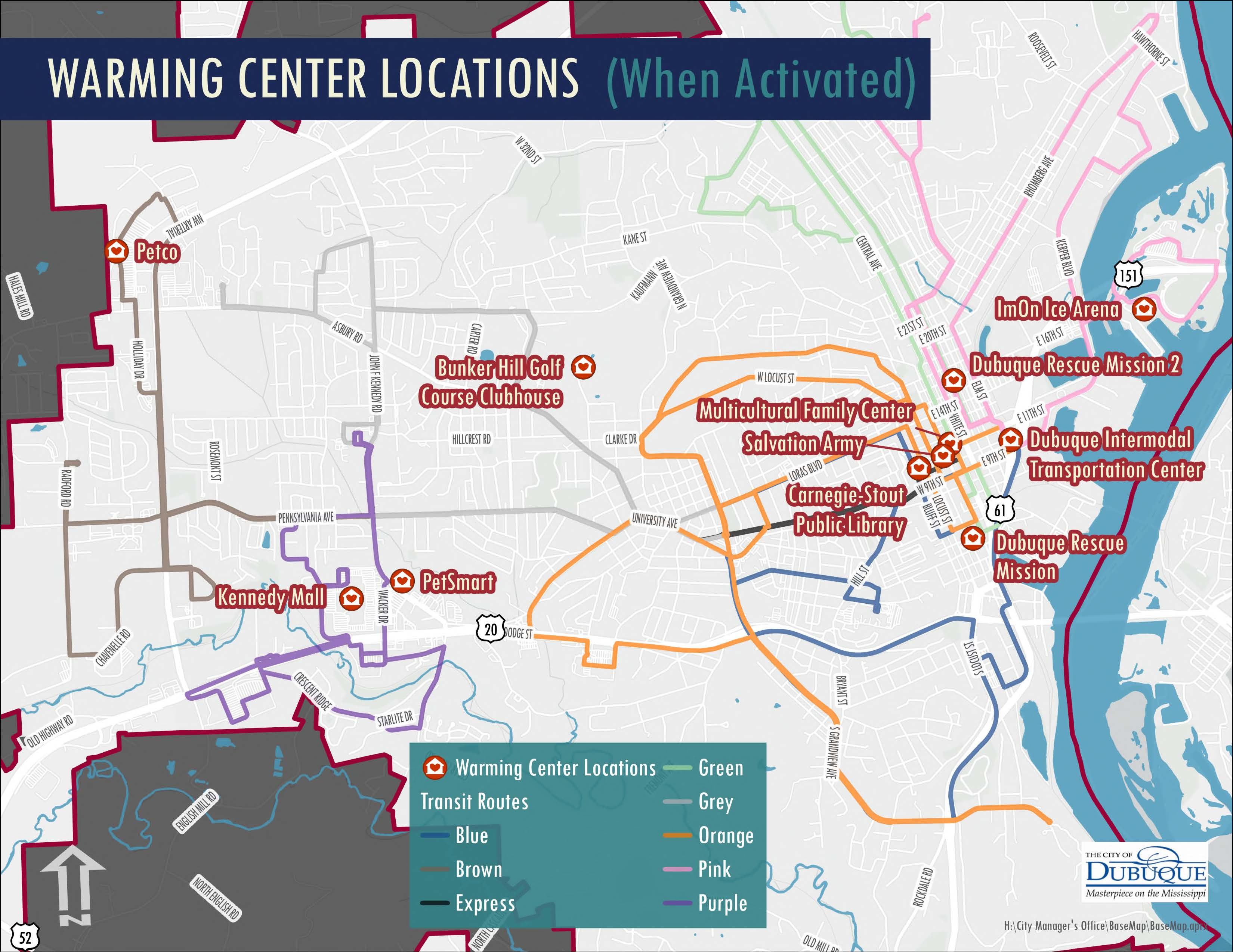 Map of Dubuque Warming Center Locations